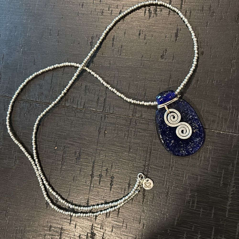 Blue Dichroic Glass Silver Swirl Artisan Long Beaded Energy Necklace Chain - Picture 4 of 7